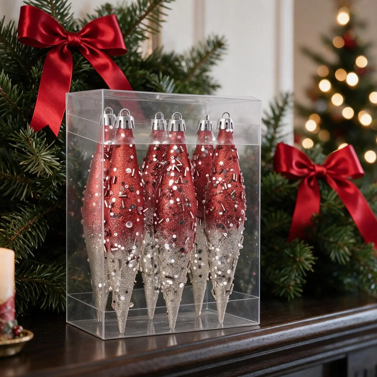 6-Pack Gradient Glitter Water Drop Christmas Ornaments, Long Ice Cone Shape, Silver Color, Abs Material, Transparent Gift Box