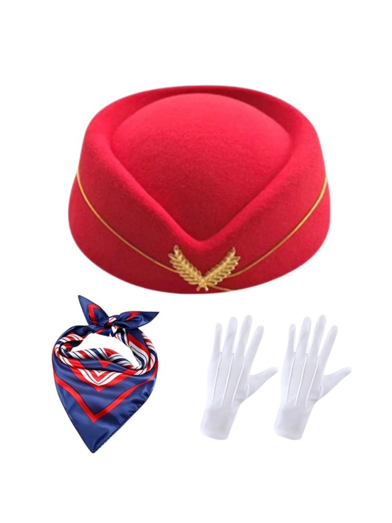 3-Piece Holiday Flight Attendant Costume Set for Women, Includes Hat, Scarf, Gloves, Perfect for Role Play, Vintage Stewardess