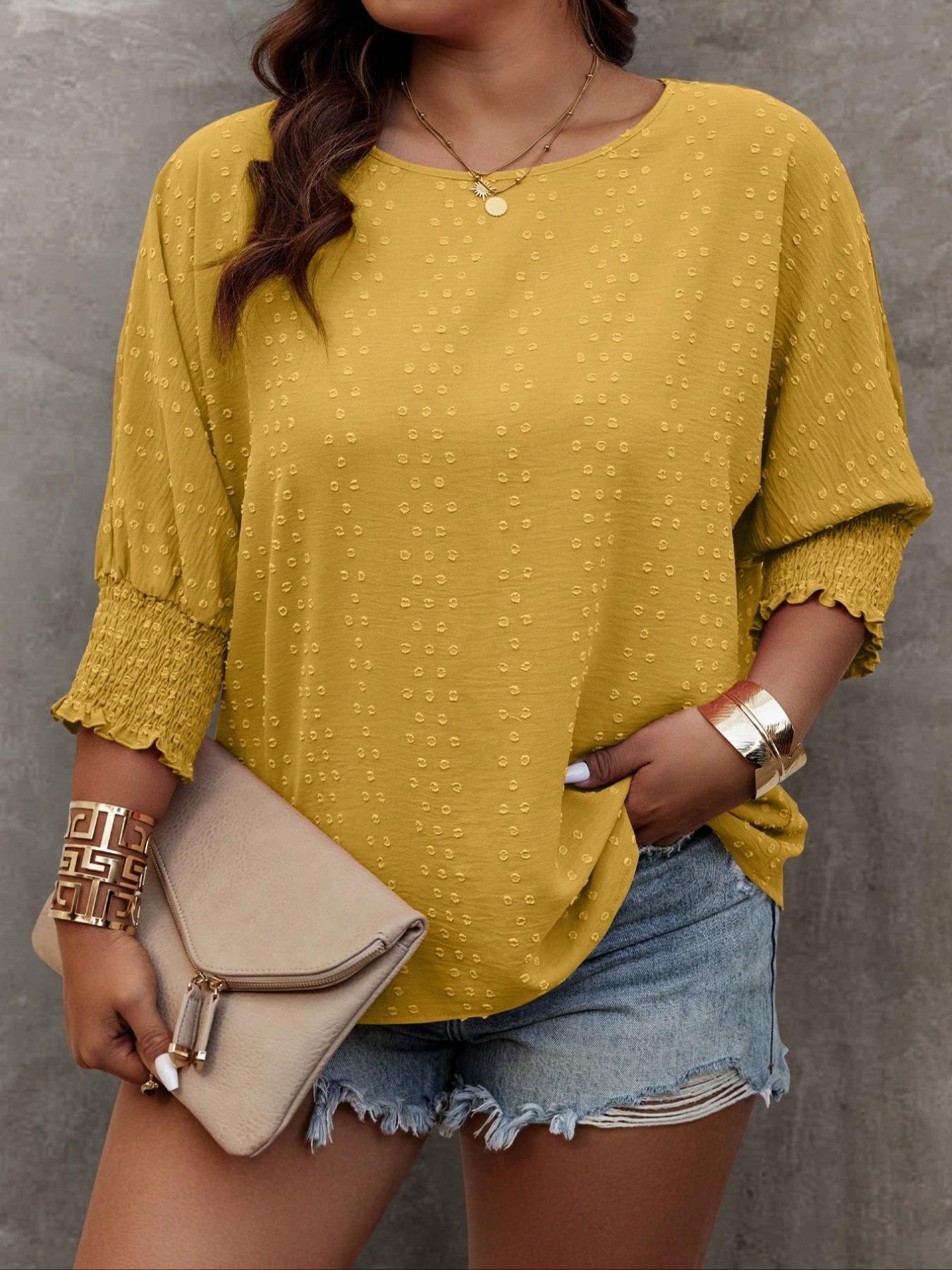 【 Plus Size】 Solid Embroidery Blouse, Casual Basic Round Neck Top for Daily Wear, Women's Clothing for All Seasons, Womenswear