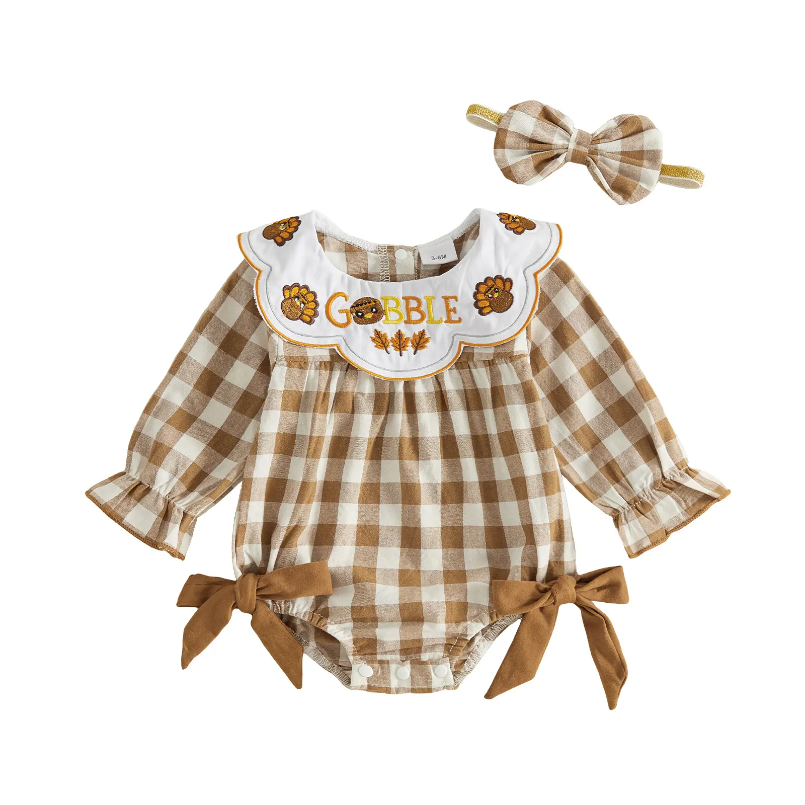 Babamoon Newborn Infant Baby Girl Holiday Set, Cotton Blend-Elastane Mix Safe Materials Puff Turkey Long Sleeve Doll Collar Romper + Band, 0-18M