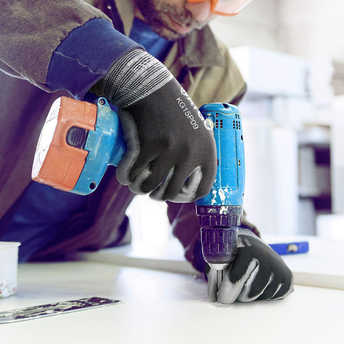 KAYGO Work Gloves PU Coated 12 Pairs, KG15P,Nylon Liner with Flexible Polyurethane Coating, Safety Work Gloves for DIY, Assembly, Warehouse, Light Duty Work