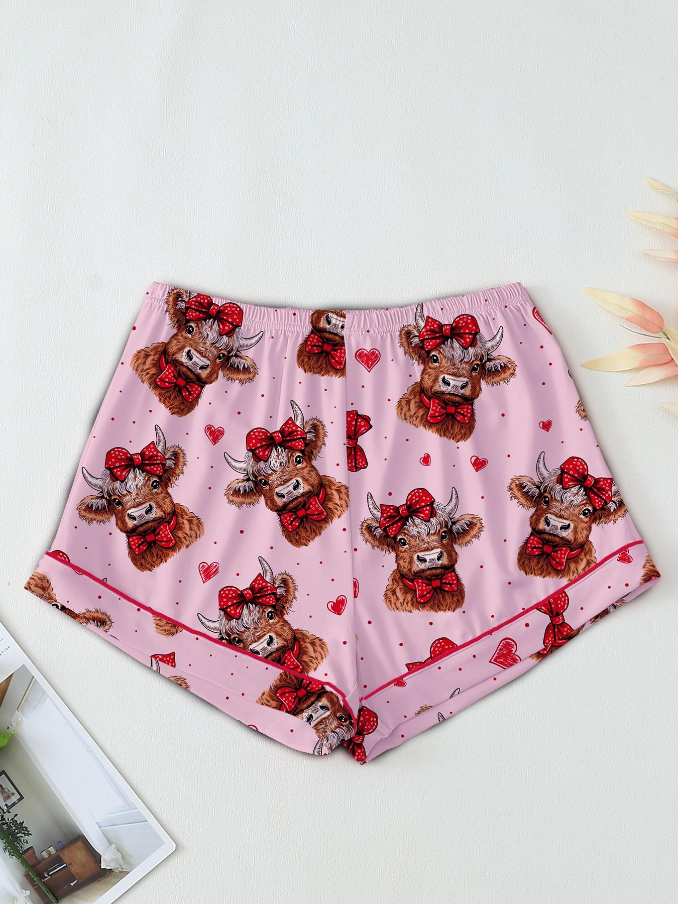 Valentine's Day Women's Pajama Set, Comfortable Cute Elastic Highland Cow Bow Collar Shirt & Pants Two-Piece Sleepwear, Party Wear