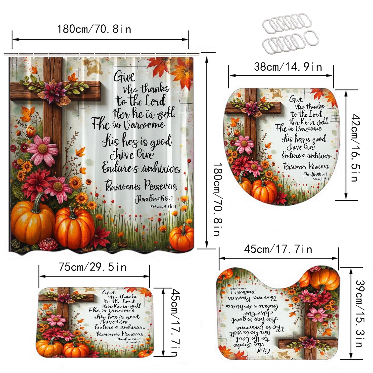 1/3/4PCS Thanksgiving Rustic Cross Flowers Pumpkins Shower Curtain Set with Rugs, Non Slip Bath Mat, U-Shape Carpet, Toilet Lid Cover, Polyester Fabric Bathtub Curtain Accessories, 12 Hooks, Home Bathroom Festival Decor