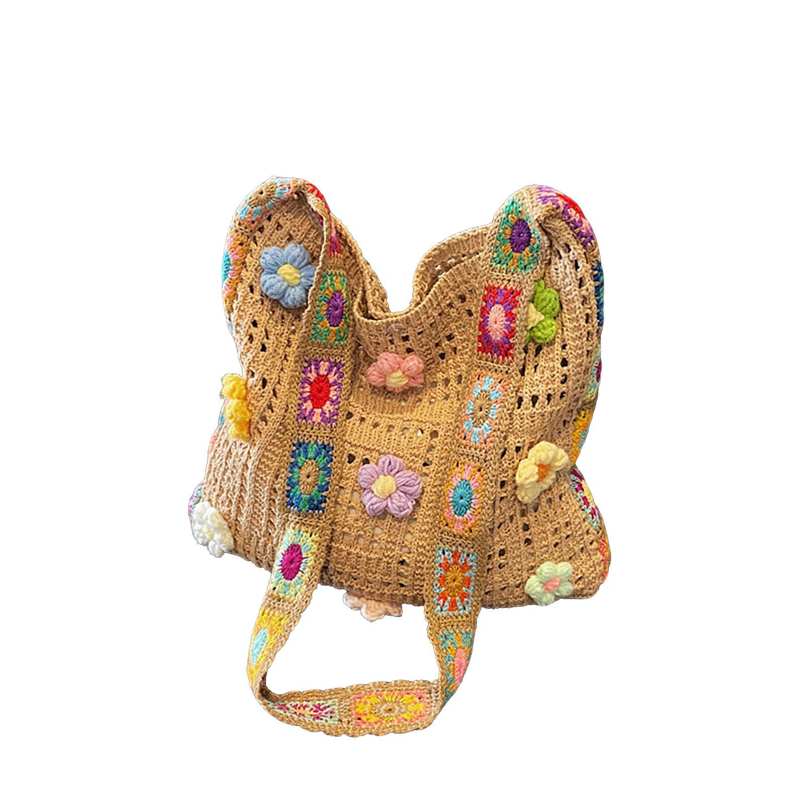 Handmade Crochet Hollow Flower Tote Bag, 5 Colors Available, Summer Fresh Weave Shoulder Bag, Beach Vacation Casual Large Capacity Crossbody Bag