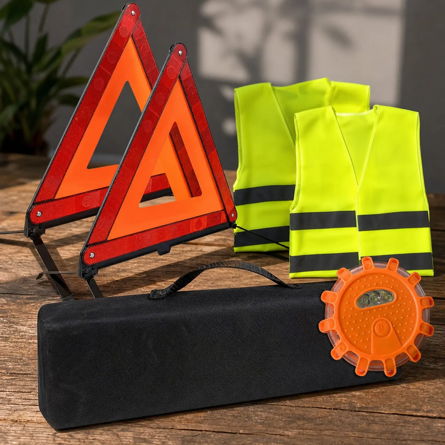 Emergency Roadside Reflective Triangles Warning Safety Kit for Car | 2 Reflective Vests + 2 Triangles + 1 Magnetic Warning Light, with Storage Bag – Ideal for Roadside Breakdown SafetyGift