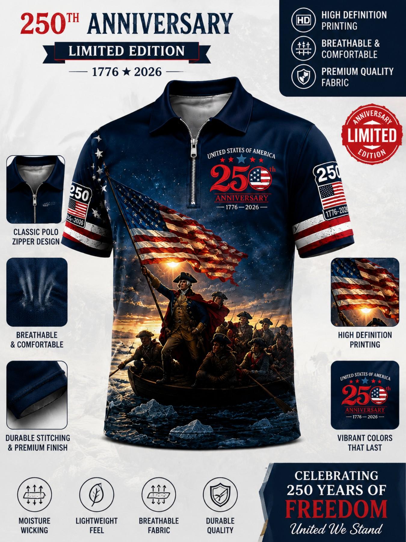 Patriotic American Flag Polo Golf Shirt for Men, 250th Anniversary 1776-2026, Sporty Fitted Design, Ideal for 4th of July Gifts Zippered Polo