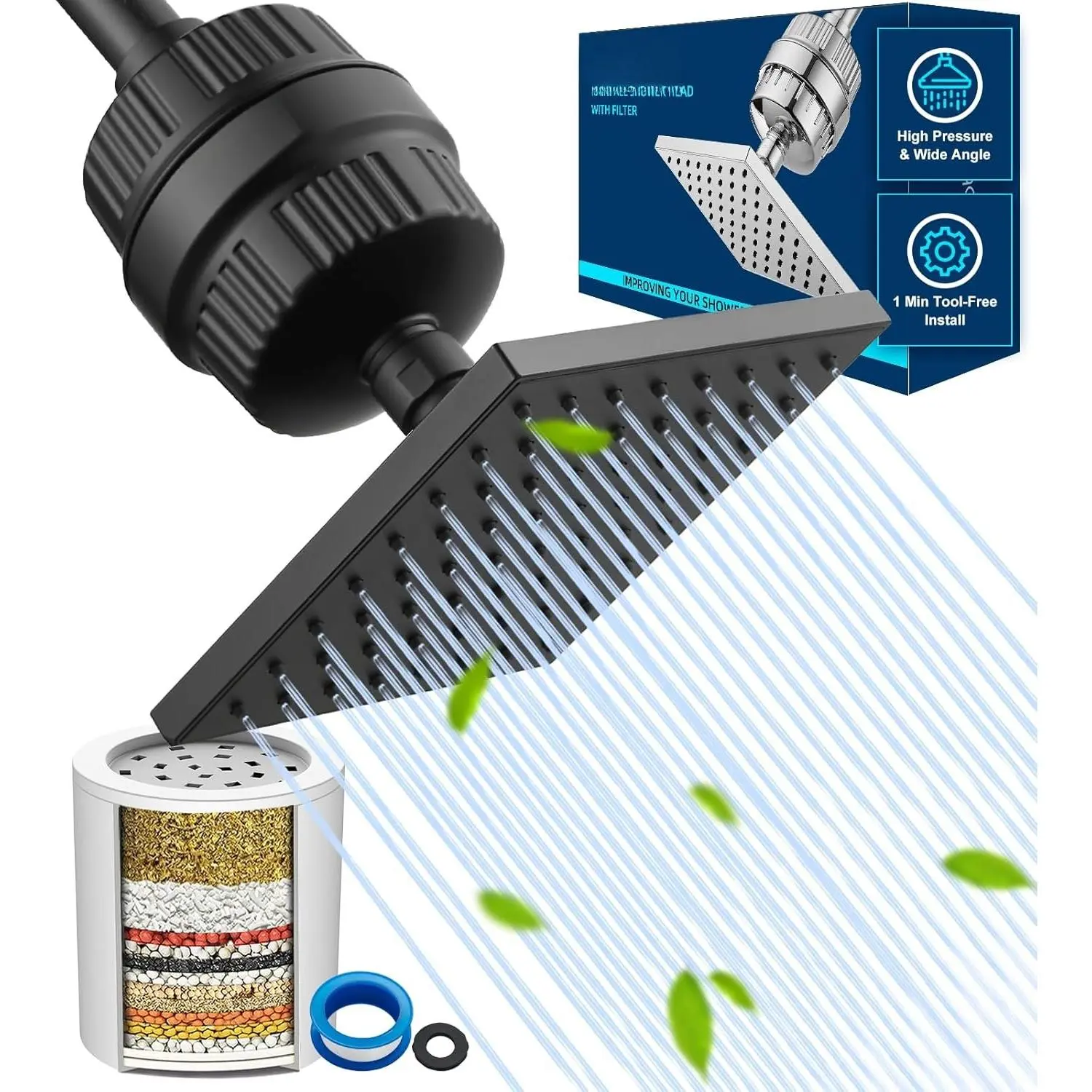 High  Filtered Shower  with Filters for Hard Water Combo | Rain Showerheads with 20 Stage Water Softener for Healthier  & Hair Remove Chlorine and Harmful Substances, Matte Black