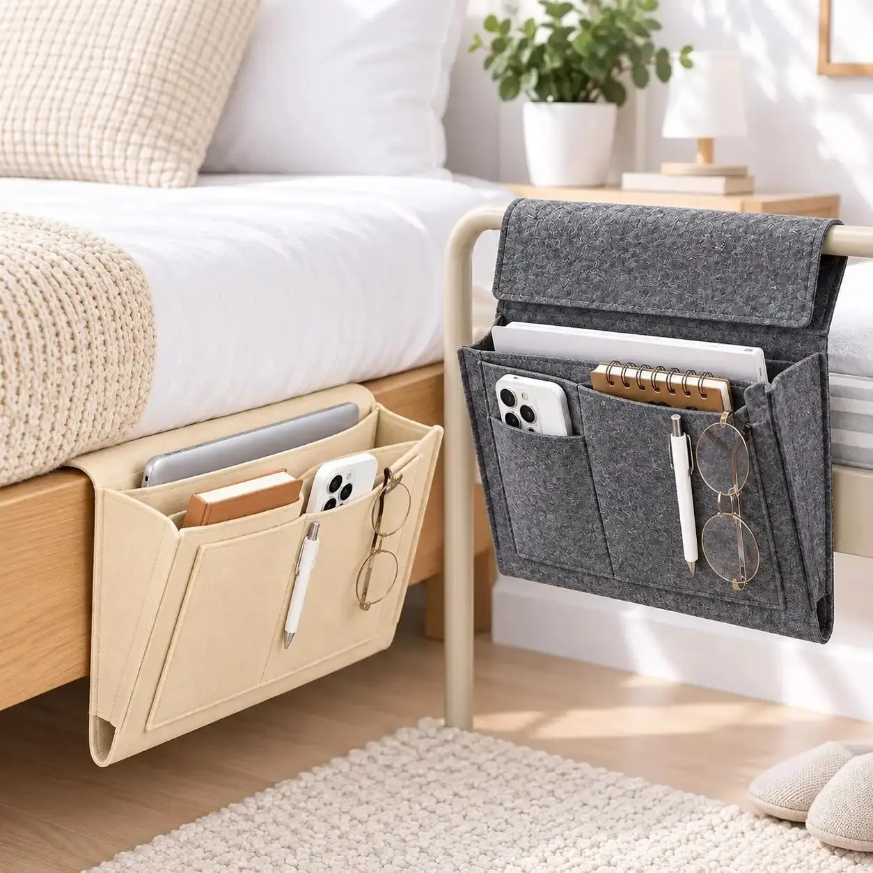 Felt Bedside Caddy with 5 Hanging Pockets - Compact Insert-and-Hang Home Organizer for Dorm Room, Bedroom Storage of Water Bottles, Magazines, Phones, Glasses - MM2