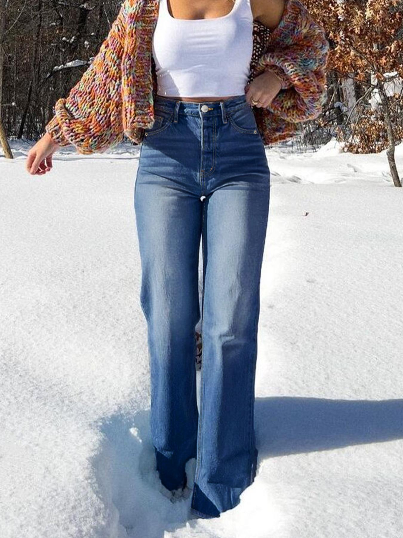 Women's Elastic Washed Casual Light Blue Wide-Leg Jeans, Loose-Fitting All-Season Denim Jeans for Daily Wear & Dates