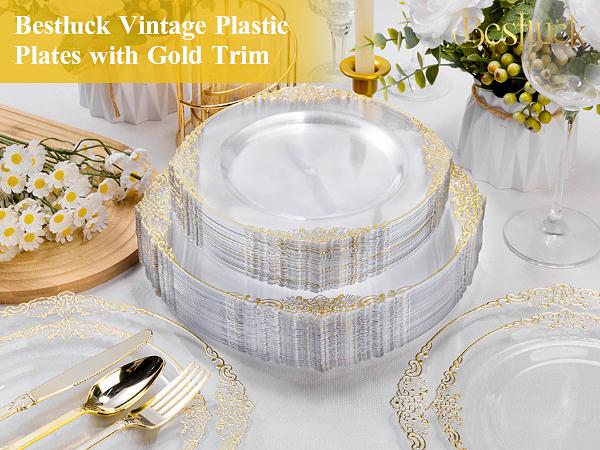 Bestluck 100PCS Clear & Gold Plastic Plates 50 Dinner 50 Dessert for Weddings Birthdays Baby Showers Christmas Anniversaries Elegant Design BPA Free Disposable Cups