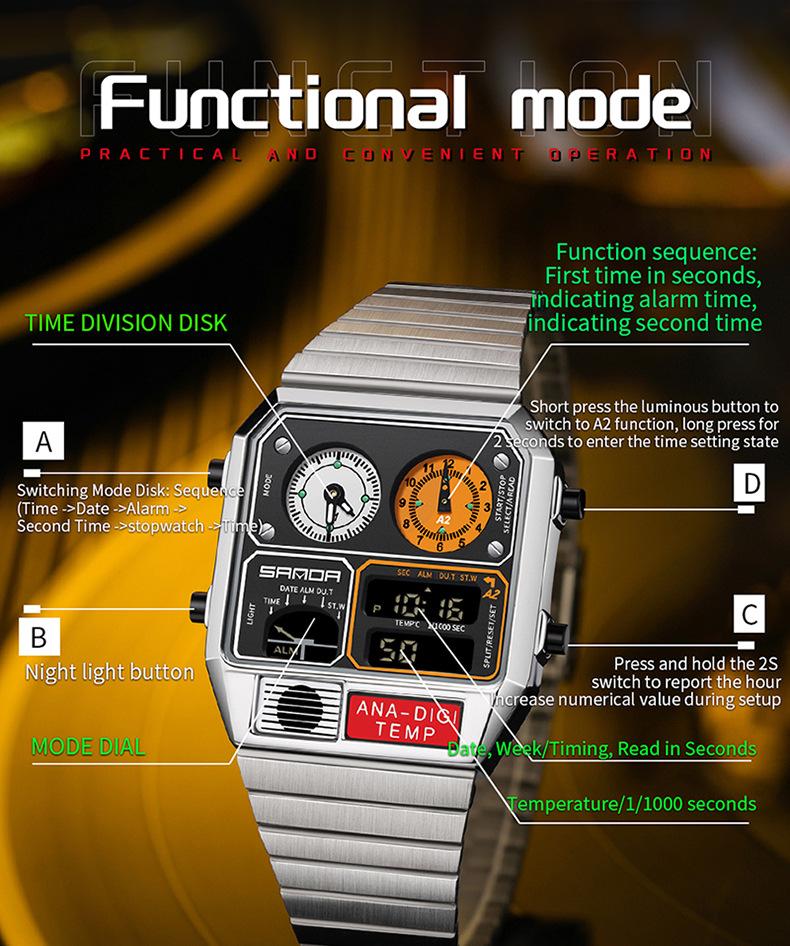 Trendy Men's Square Dial Digital Watch, Street Style Waterproof Luminous Watch, Multifunctional Timepiece with Temperature Measurement & Stopwatch