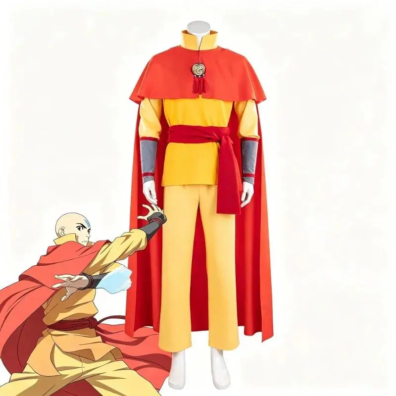 Avatar Aang Cosplay Costume Avatar：The Last Airbender Avatar Aang Air Nomad Short Cloak Sash Pants Set for Halloween Role Play