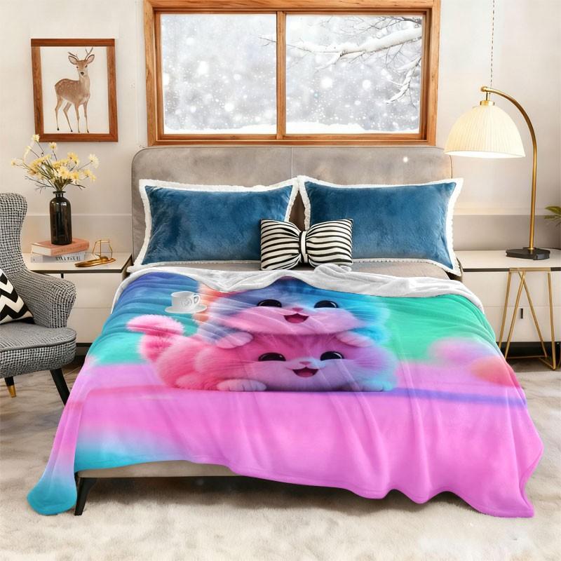 Rainbow Three Cats Pattern Blanket, Soft Warm Plush, Cute Cartoon Design, Home Bedroom Essential, Multi-Purpose