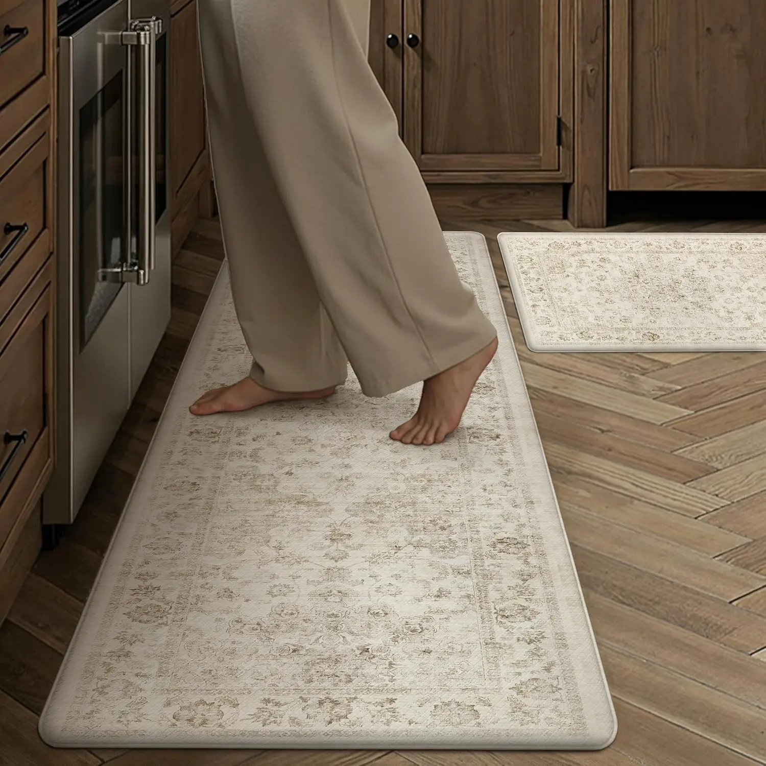 Anti Fatigue Beige Neutral Non-Slip Kitchen Mat 2 Piece | Memory Foam, Vintage, Waterproof Washable, Comfort Standing, for Floor Sink Laundry Home Decor 17.3"x47"+17.3"x30"(0.4inch)