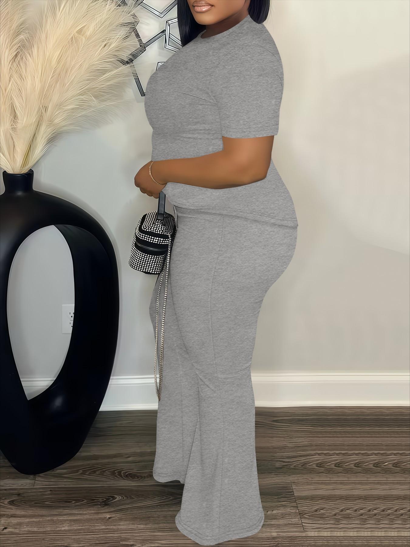 Women's Fashion Casual Short Sleeve Set, Plain Loose-Fitting High Waist Pants & Top, Spring & Fall, Plus Size