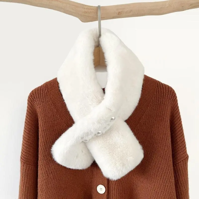Women Thick Warm Faux Rabbit Fur Cross‑Over Pearl Scarf, Winter Fuzzy Plush Neck Warmer, Elegant Faux‑Fur Collar Wrap for Cold‑Season Daily Outfit