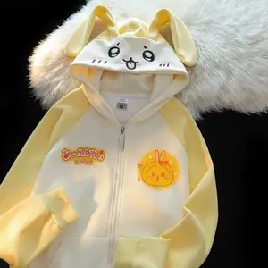 Japanese Kawaii Rabbit Ears Hoodie Sweatshirts Spring Autumn Lazy Sweet White Blue Cardigan Long Sleeve Loose Knitted Top