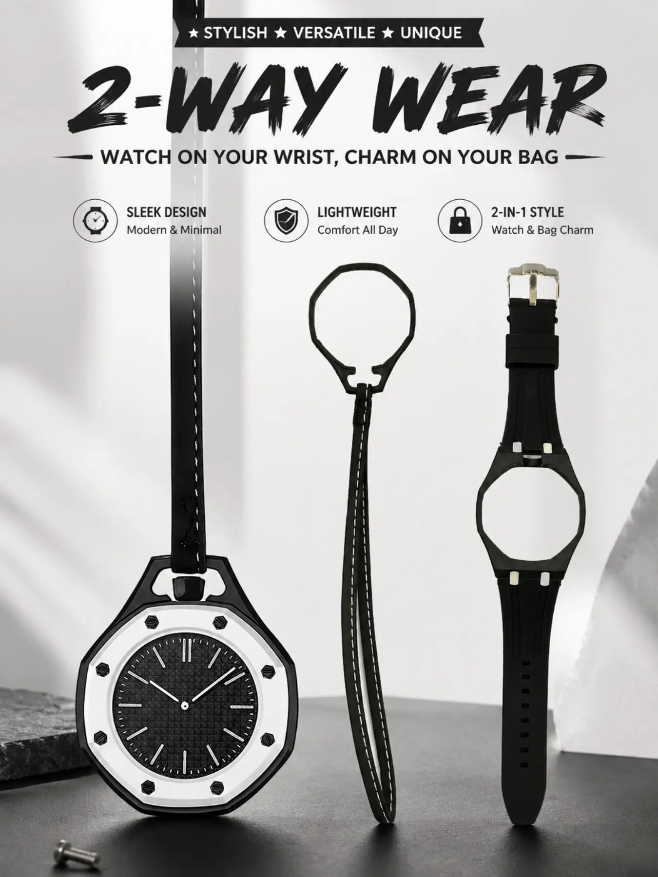 Latest Octagonal Pendant Watch with Round Dial, 2 Interchangeable Strap Styles, Hangable & Detachable Case, Fashion Quartz Watch