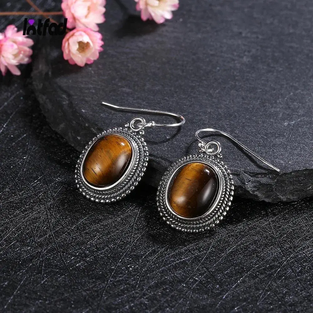 Retro Natural Tiger Eye Hoop Earrings 925 Sterling Silver Earring for Women Girls Rhodochrosite Jewelry Party Engagement Gift
