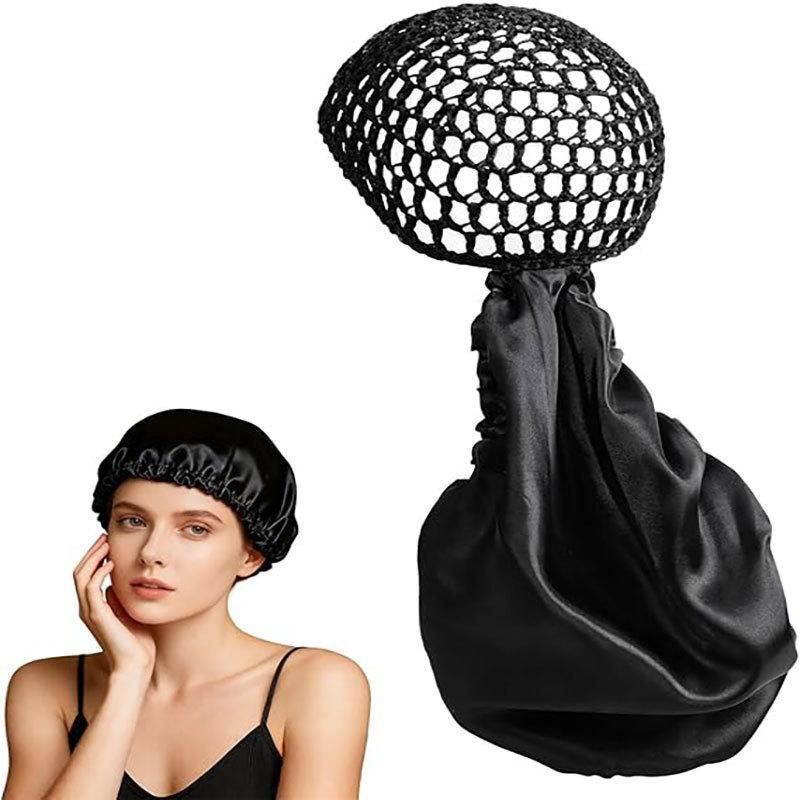 Satin Hair Wrap Bonnet – Adjustable Silk Press & Curly Hair Protection Cap (Reversible Net Duo)