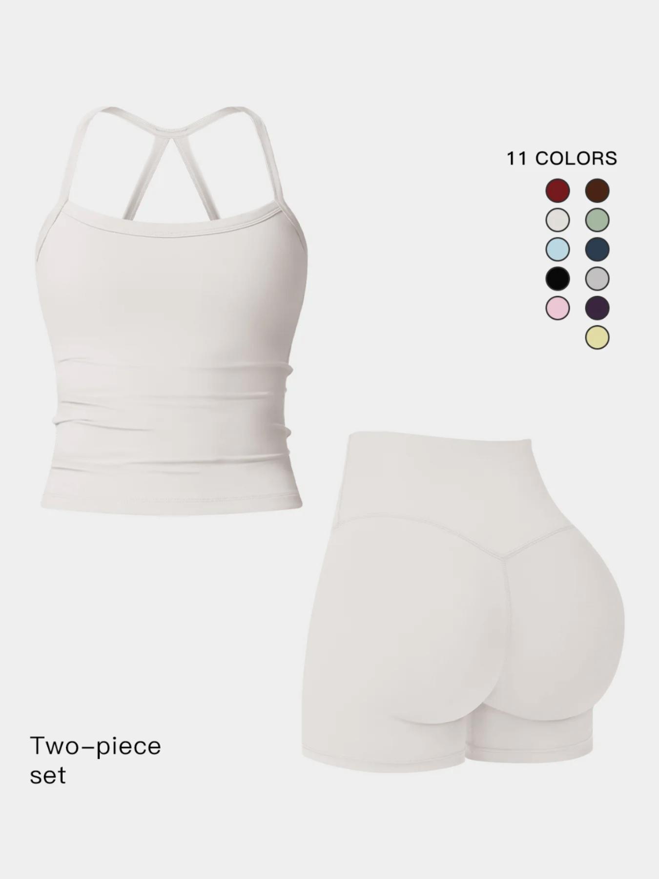 Women's Quick-Dry Two-piece Set, Active Sets, Sculpting Workout Outfit, Solid Backless Cami Top & High Waist Tummy Control Butt-Lifting Shorts, Ladies Sportswear for Indoor Outdoor Wear, Yoga Gym Running Wear, Activewear Yoga Fitness