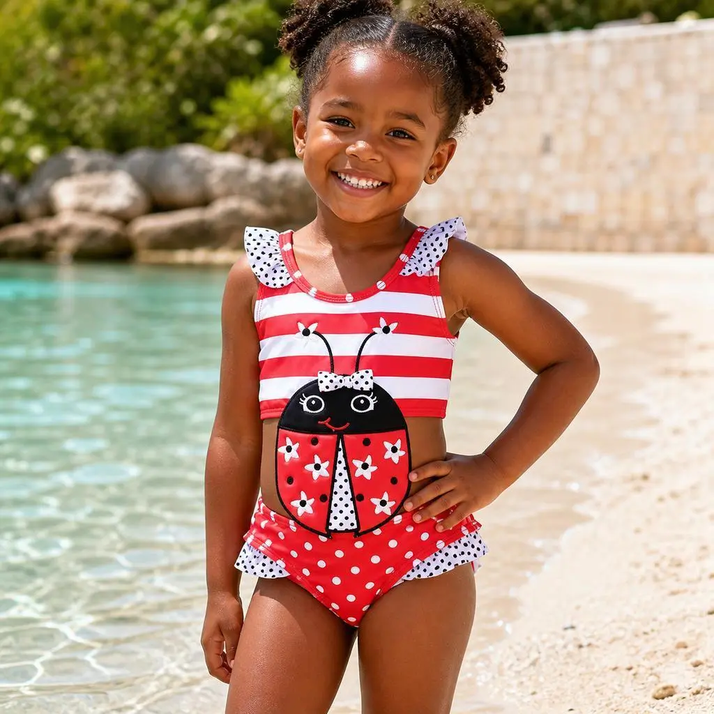 Girls Ladybug One‑Piece Swimsuit, Red White Stripe Ruffle Toddler Bikini Set, Cute Cartoon Bathing Suit for Little Girls Beach Pool Swimming