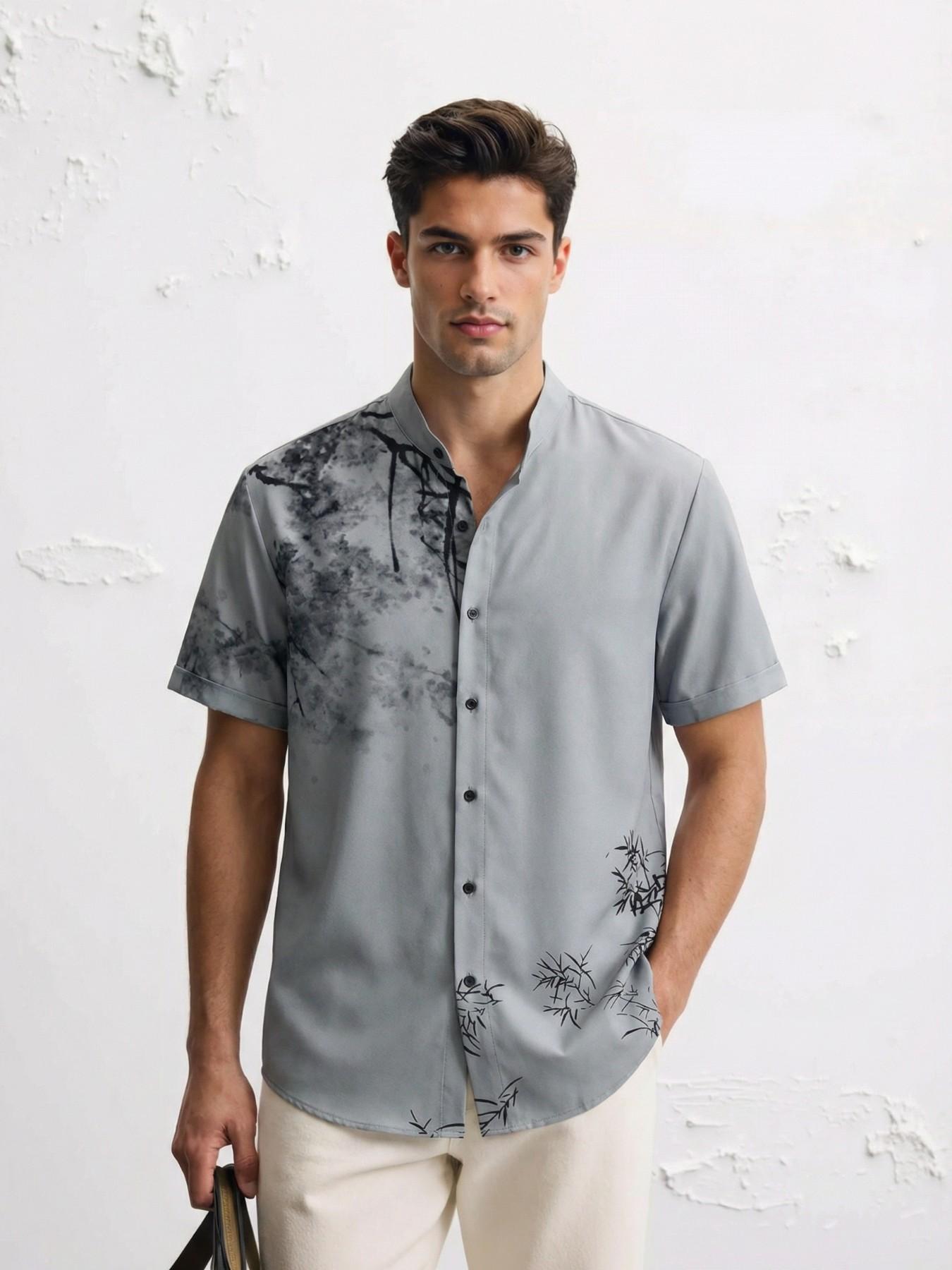 Men's Regular Fit Leaf & Floral Print Button Front Shirt without Tee & Necklace, Casual Comfy Short Sleeve Stand Collar Top for Spring & Summer, National Day Clothing, Casual Stylish Menswear, Fashion Men's Clothes for Daily Wear