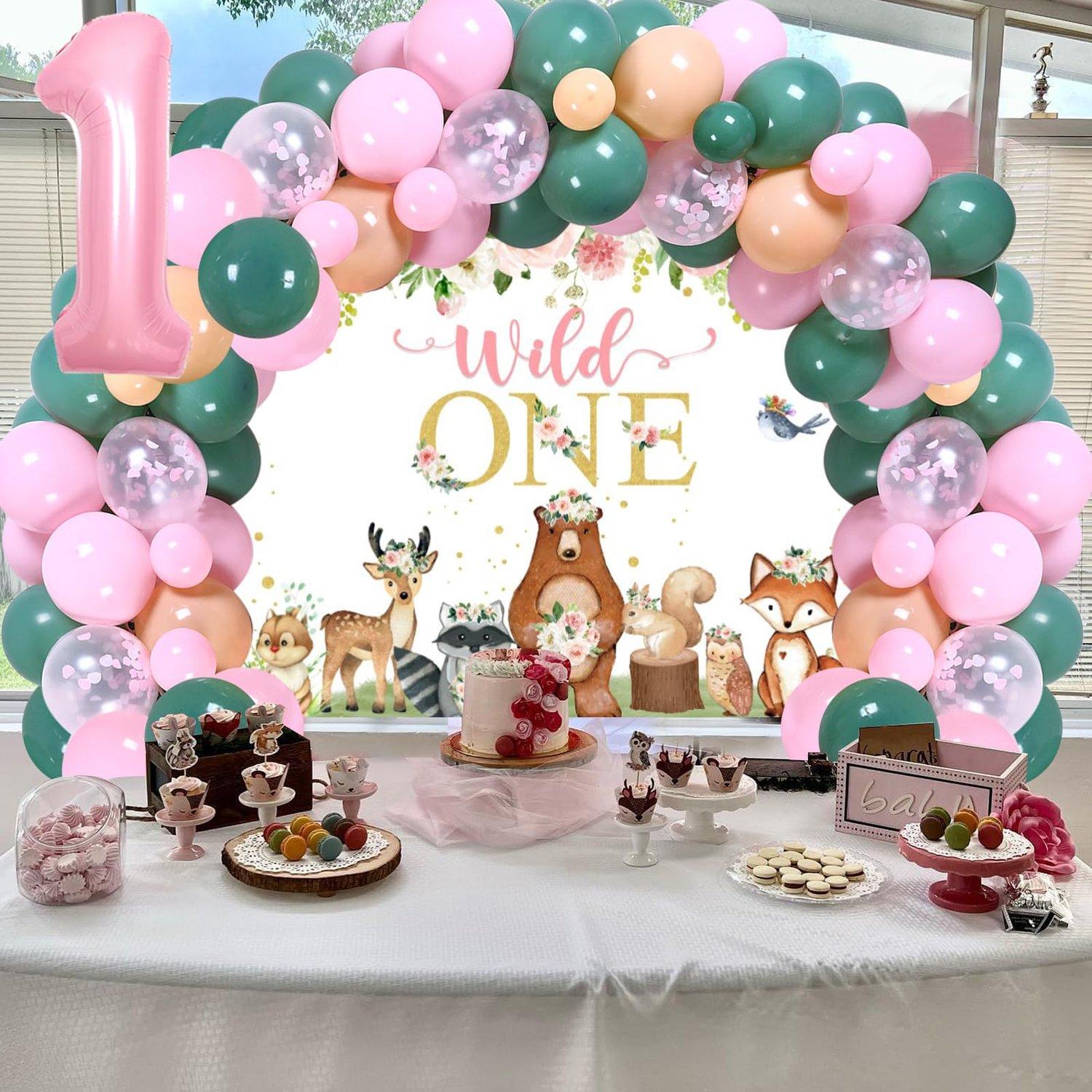 1Set Woodland 1anniversary birthday decorations Wild One Balloon Garland Arch Kit with Backdrop for Forest Animals Woodland Creatures First Party Supplies