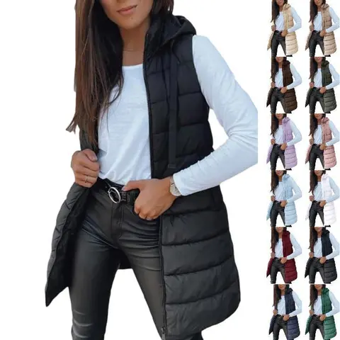 Imily Bela Women Long Vest Solid Color Sleeveless Hood Winter Puffer Vest Outwear
