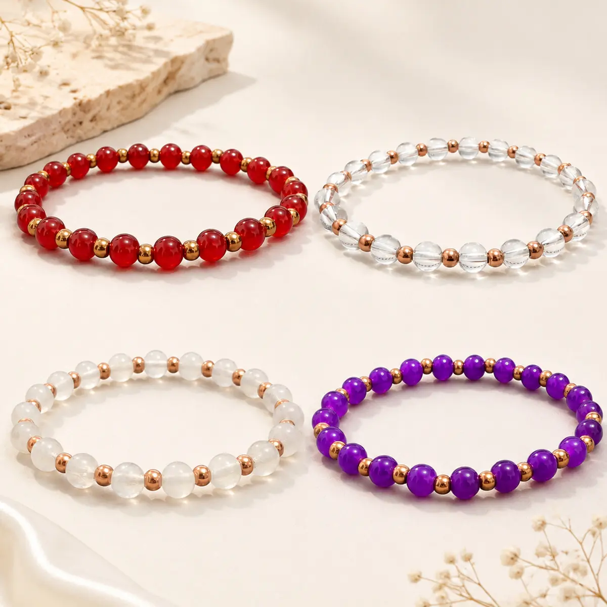 1Pcs Natural Crystal Beaded Bracelets Set for Women, 8mm Amethyst Carnelian Clear Quartz Stackable Elastic Hand Chains, Healing Energy Yoga Spiritual Jewelry, Boho Luxury Birthday Gifts, Purple Red