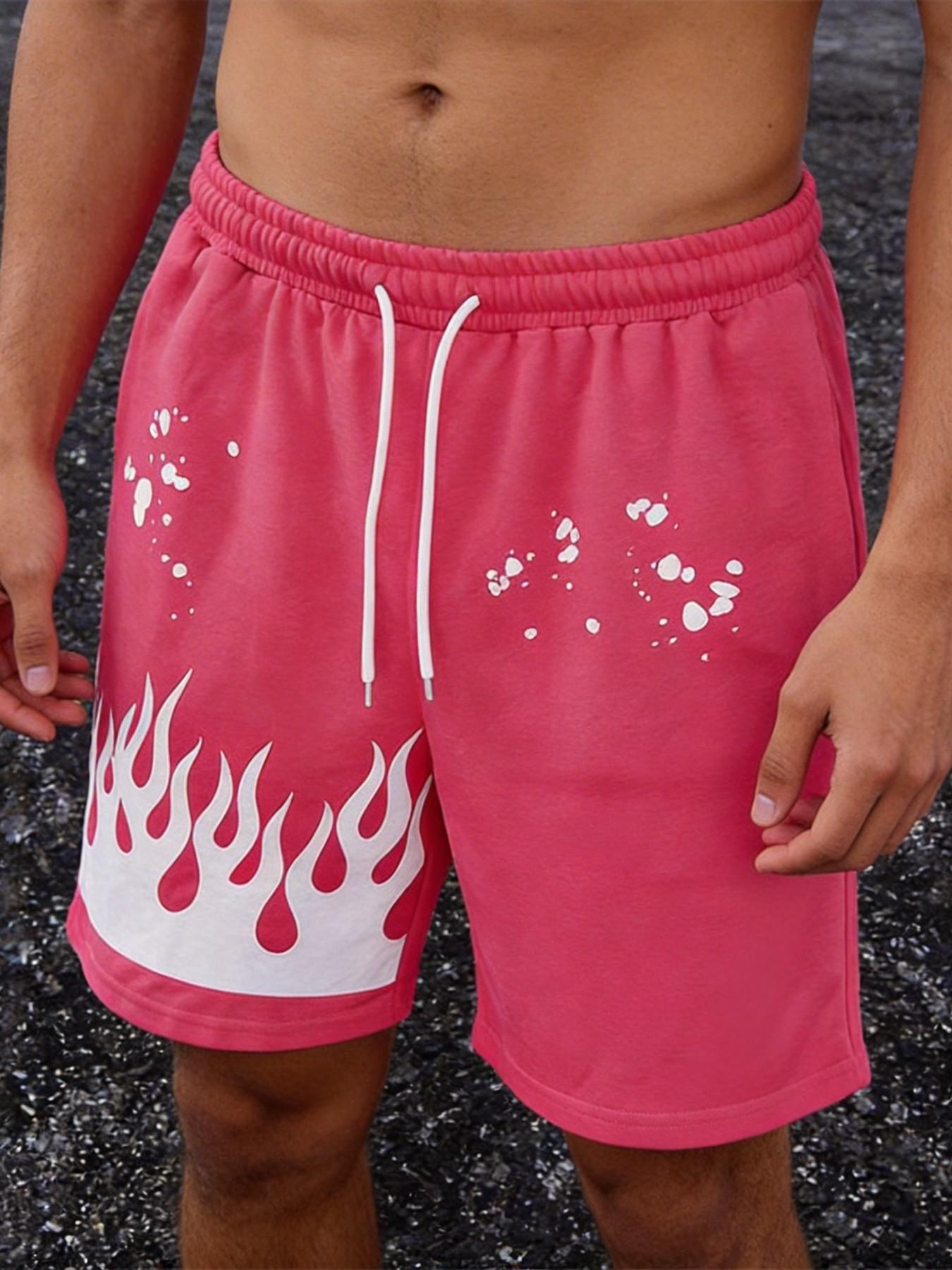 Men's casual shorts, letter flame print - bright pink, white letter flame pattern, elastic waistband, comfortable regular fit, suitable for casual wear, comfortable swim trunks | bright pink swim trunks