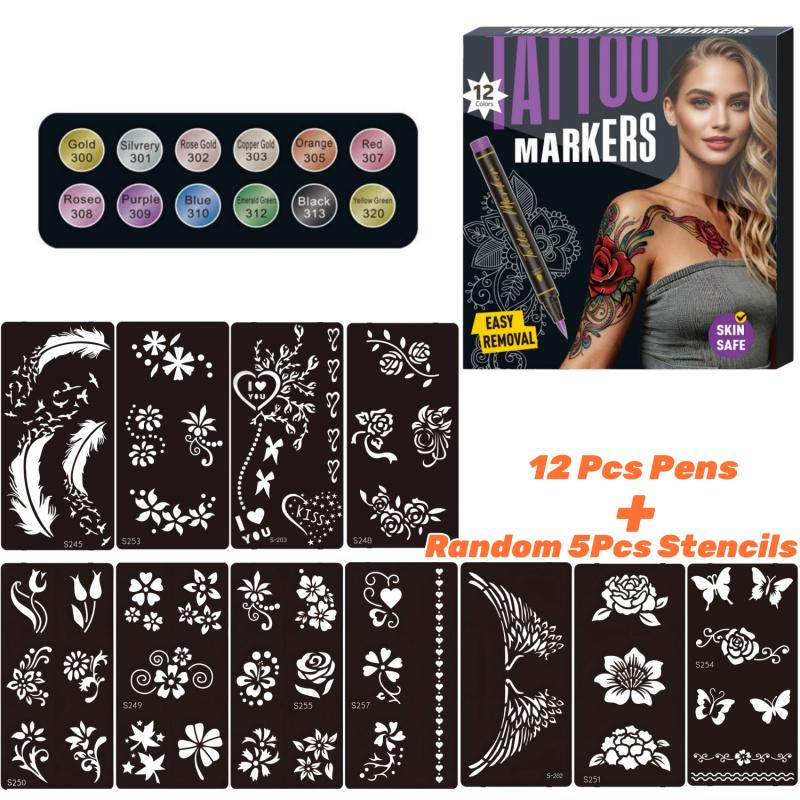 Temporary Tattoo Markers,10/12/18/24 Colors Metallic Markers,Tattoo Stencil, Cosmetic Tattoos Pens,Flexible Brush Tip, Bright colors, Face Paint Kit Cosmetic Quality,Christmas gifts