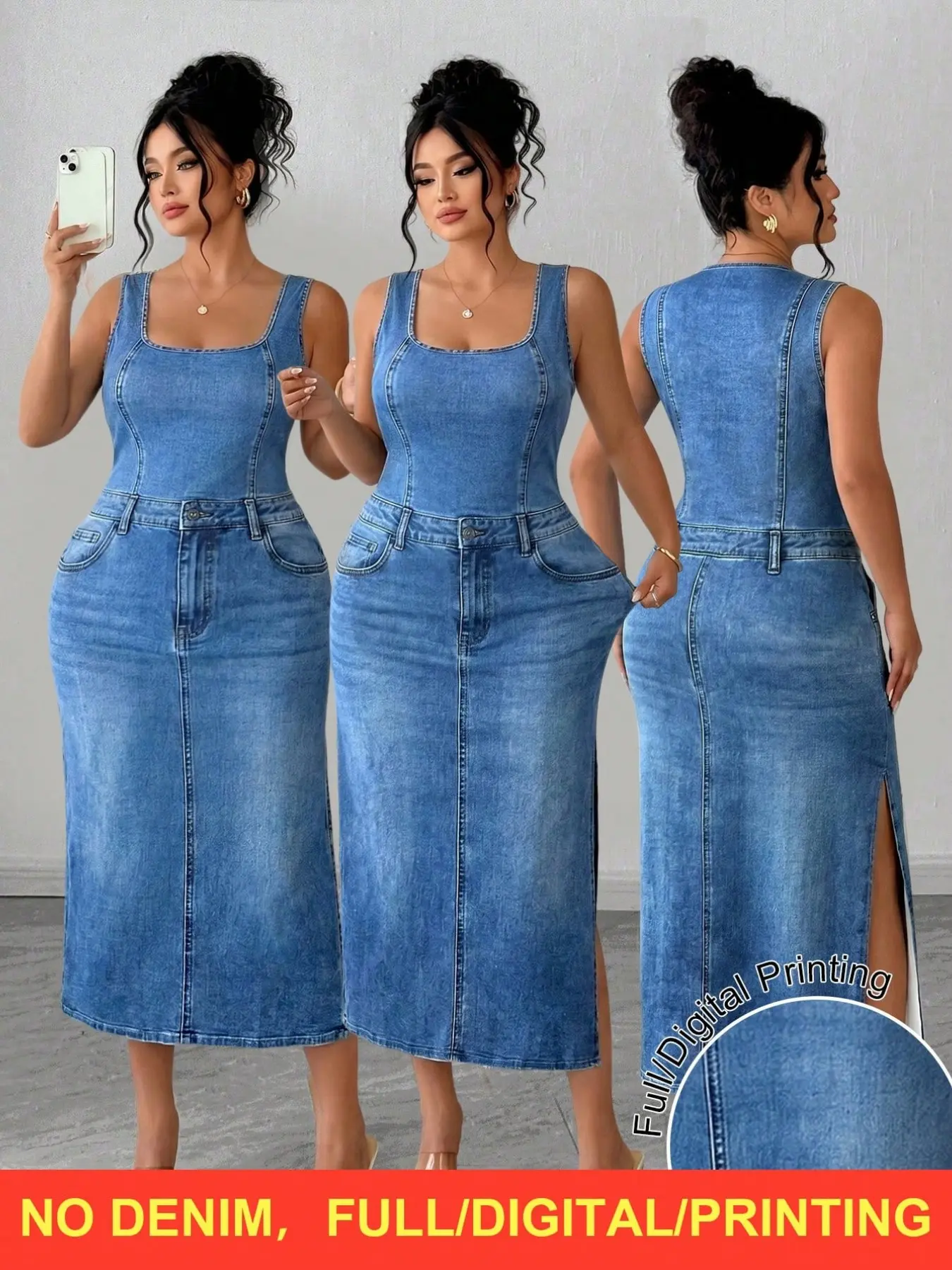 Plus Size Women Sleeveless Tank Denim Bodycon Dress with High Slit, Slim Elegant Casual Midi Dress for Spring & Fall, Suitable for Daily Commute, Dates, Gatherings, Parties & Vacations