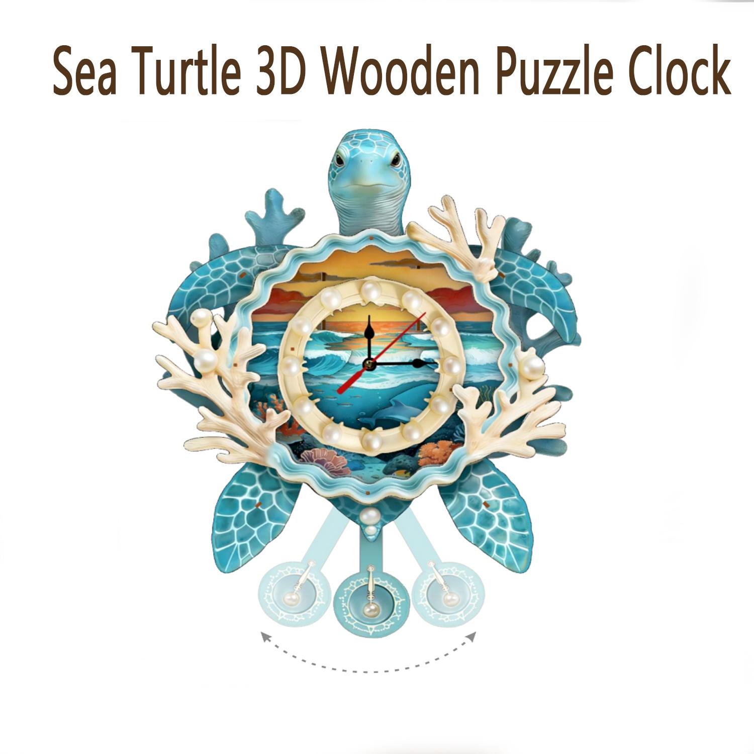Turtle Adult 3D Wooden Puzzle Wall Clock, DIY Laser Cut Assembly Kit, Home Decor Gift, Unique Family Wall Clock, Men's Birthday Present