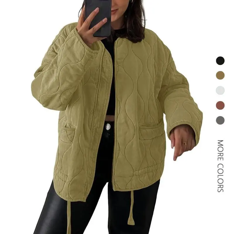 Women's collarless lightweight quilted jacket, casual oversized down jacket, zipper drawstring jacket