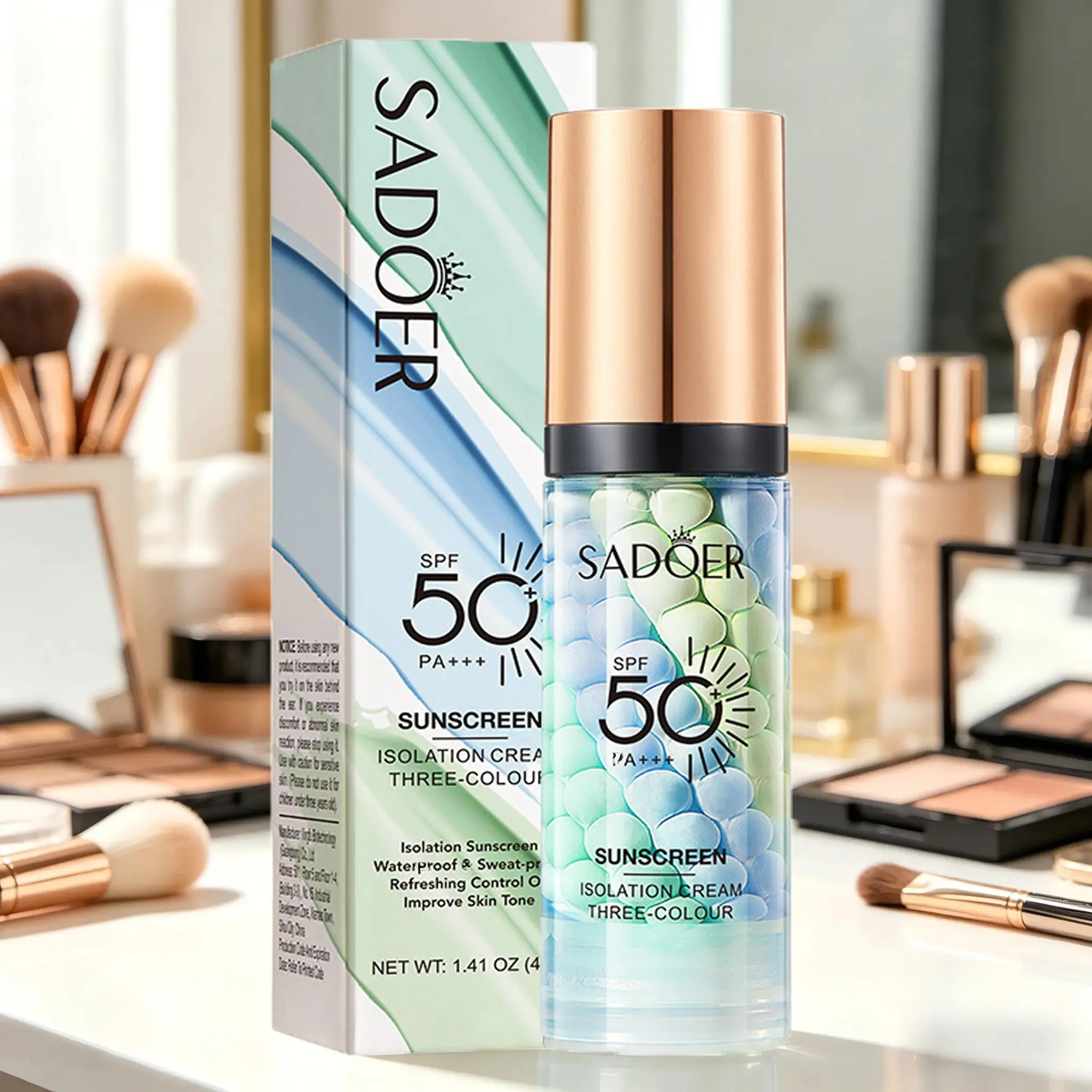 SPF 50+ PA+++ 3-in-1 Sunscreen Isolation Cream, Color Corrector Face Primer, Pre-Makeup Base for Oil Control, Moisturizing & Pore-Blurring, Luminous Even Skin Tone