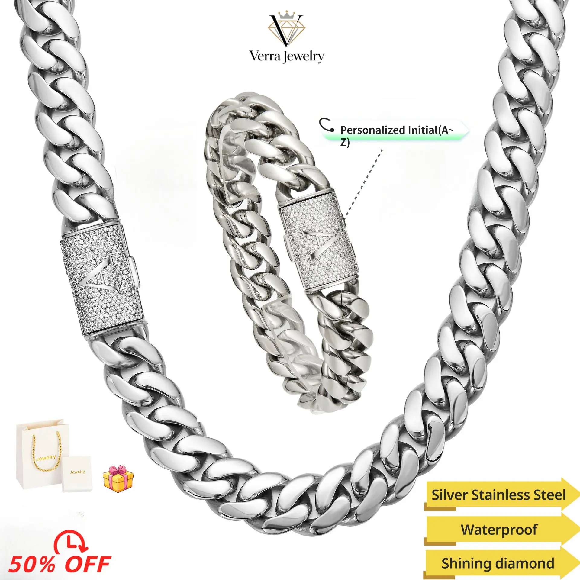 Men's 2-Piece 14mm Silver Stainless Steel Cuban Chain Link Jewelry Set - Necklaces, Bracelets with A-Z Initial Clasp, Hypoallergenic, Water-Resistant, 18-26in Heavy Chains, Gothic Punk Hip Hop Style, Casual Gift for Men's Jewelry Lovers, Cuban Chain Link