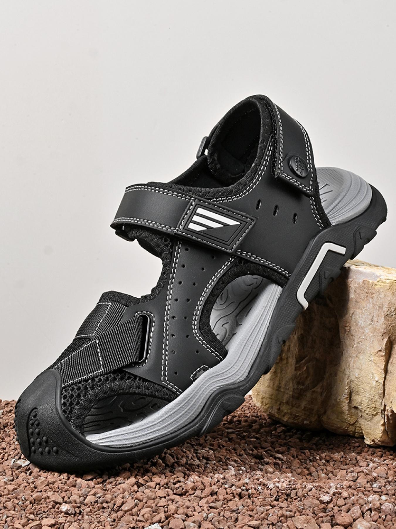 Men's beige solid color dual-use closed-toe outdoor sandals, adjustable with Velcro, non-slip beach shoes, breathable stream sandals