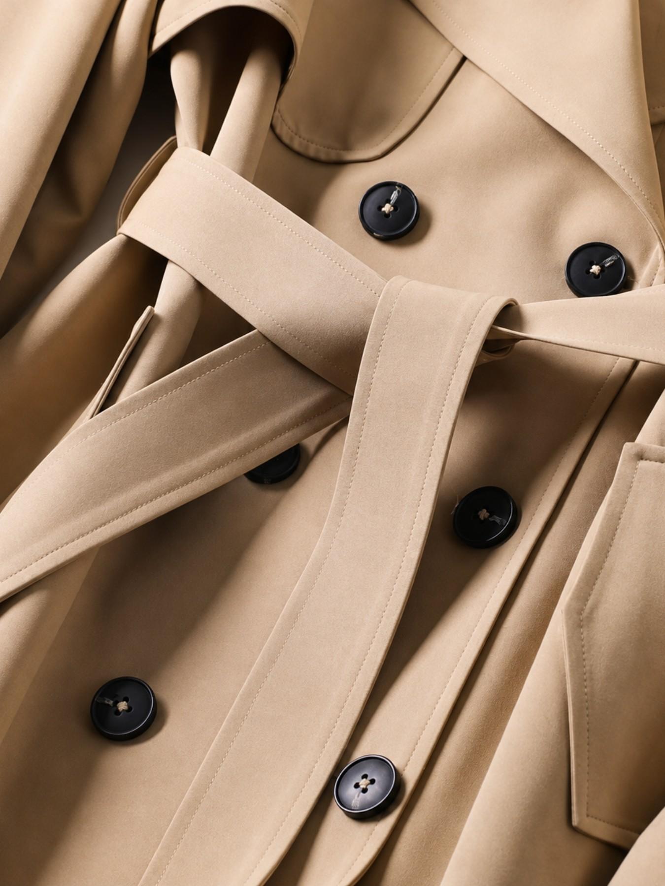 Women’s Long Trench Coat, Double Breasted Belted Overcoat with Lapel Collar and Adjustable Cuffs, Elegant Fall Business Casual Outerwear