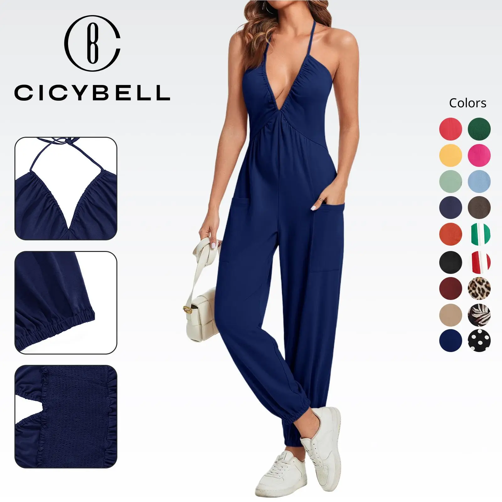 Cicy Bell Women's Sexy Halter Jumpsuits Casual Deep V Nevk Beach Jogger Long Pants Rompers