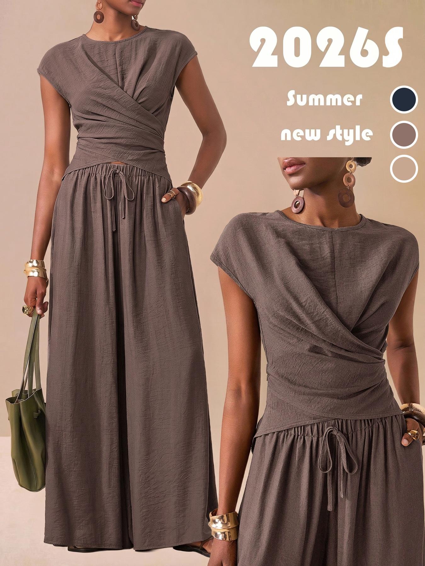2pcs/Set Women's Casual Pleated Top and Wide Leg Pants Set,Summer Elegant Vacation Holiday Women's Two Pieces, Small Round Neck Overlapping Hem Versatile Casual Cruise Beach Seaside Wear,Comfortable Loose Fit, Perfect for Daily Wear