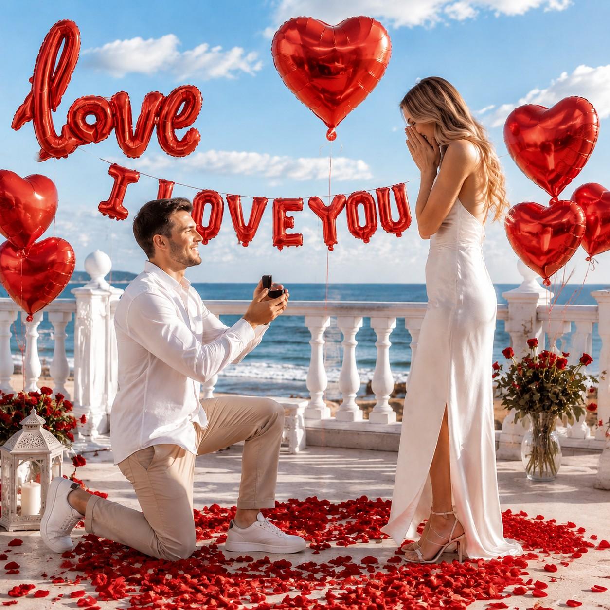 Valentine's Day Balloon Decoration Set, Heart Aluminum Foil Balloons with Love Banner and Rose Petals, Romantic Proposal Room Decor