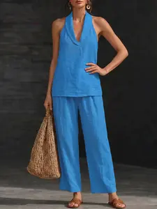 2026 European Chic Style Home Wear Set, Casual Breathable Linen Halter Two-Piece Suite, Summer Deep V Sleeveless Top + High-Waisted Wide Leg Pants