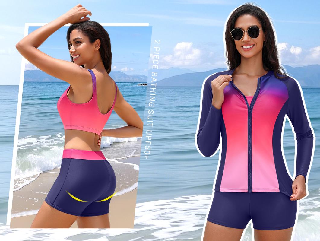 Holipick Long Sleeve Swimsuits for Women - Three Piece Rash Guard with Shorts Zipper SPF Swim Shirt with Built in Bra