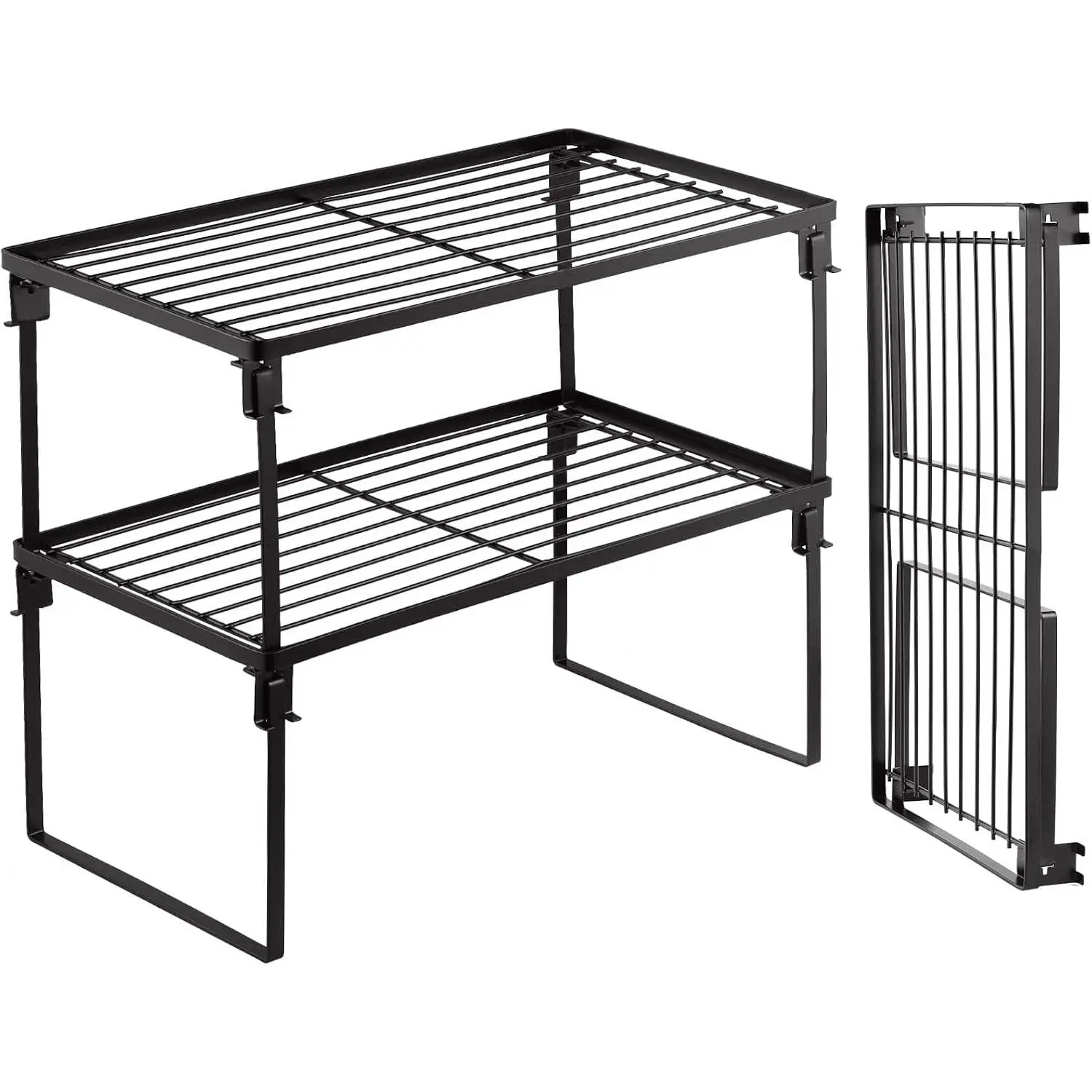 Stackable Shelf Rack Cabinet Organizer - Durable Polyethylene-Coated Metal, Space-Saving 2-Pack with Removable Legs, Tool-Free Assembly for Kitchen Pantry Countertop Cupboard, Slim Rustproof Shelves