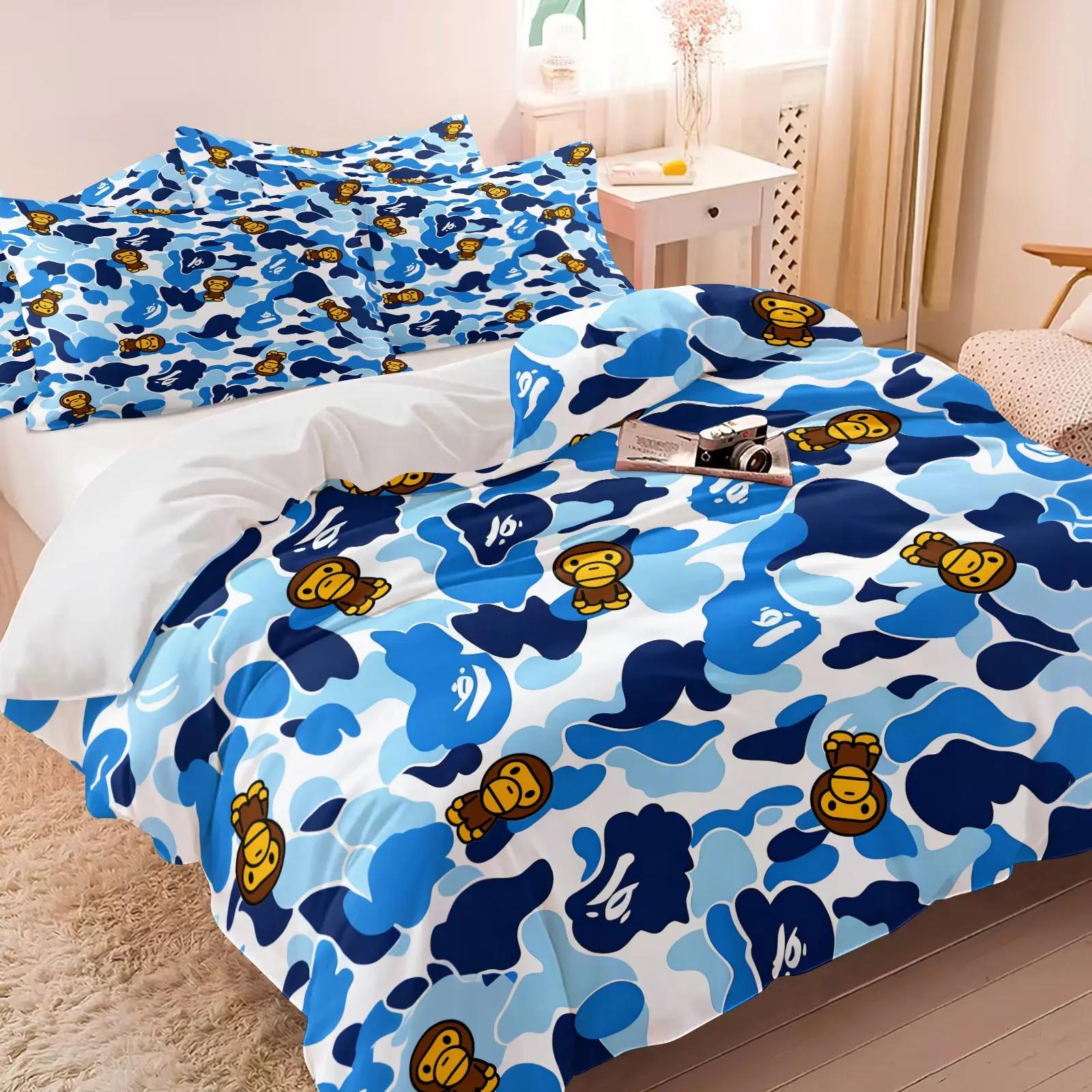 APE Streetwear Style Blue Camo Cartoon Monkey Duvet Cover Set, 1 Duvet Cover + 1-2 Pillowcases, Streetwear Style Camouflage Bedding Set, Soft Microfiber, Urban Street Style Bedroom Decoration, Gift for Hypebeast & Streetwear Enthusiast, Bed Covers