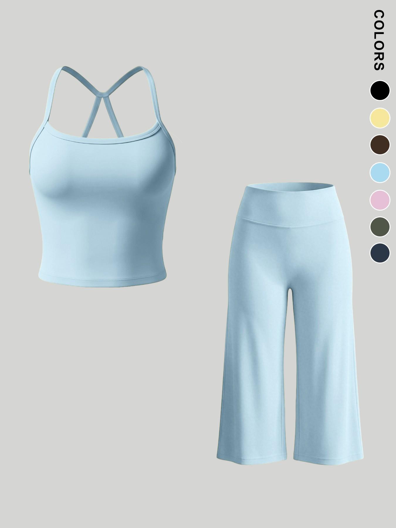 Women's Sporty Fitted Tank Top & High-Waisted Wide-Leg Pants Set, Breathable Solid Color, Ideal for Yoga, Casual Wear, Home Comfort, Athleisure Summer Clothes
