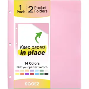 2-Pocket Plastic Folders 3 Hole Punched 1 Pack with Labels, Heavy Duty Binder Folder for 3 Ring Binder, Letter Size File Folder for Documents, Pink
