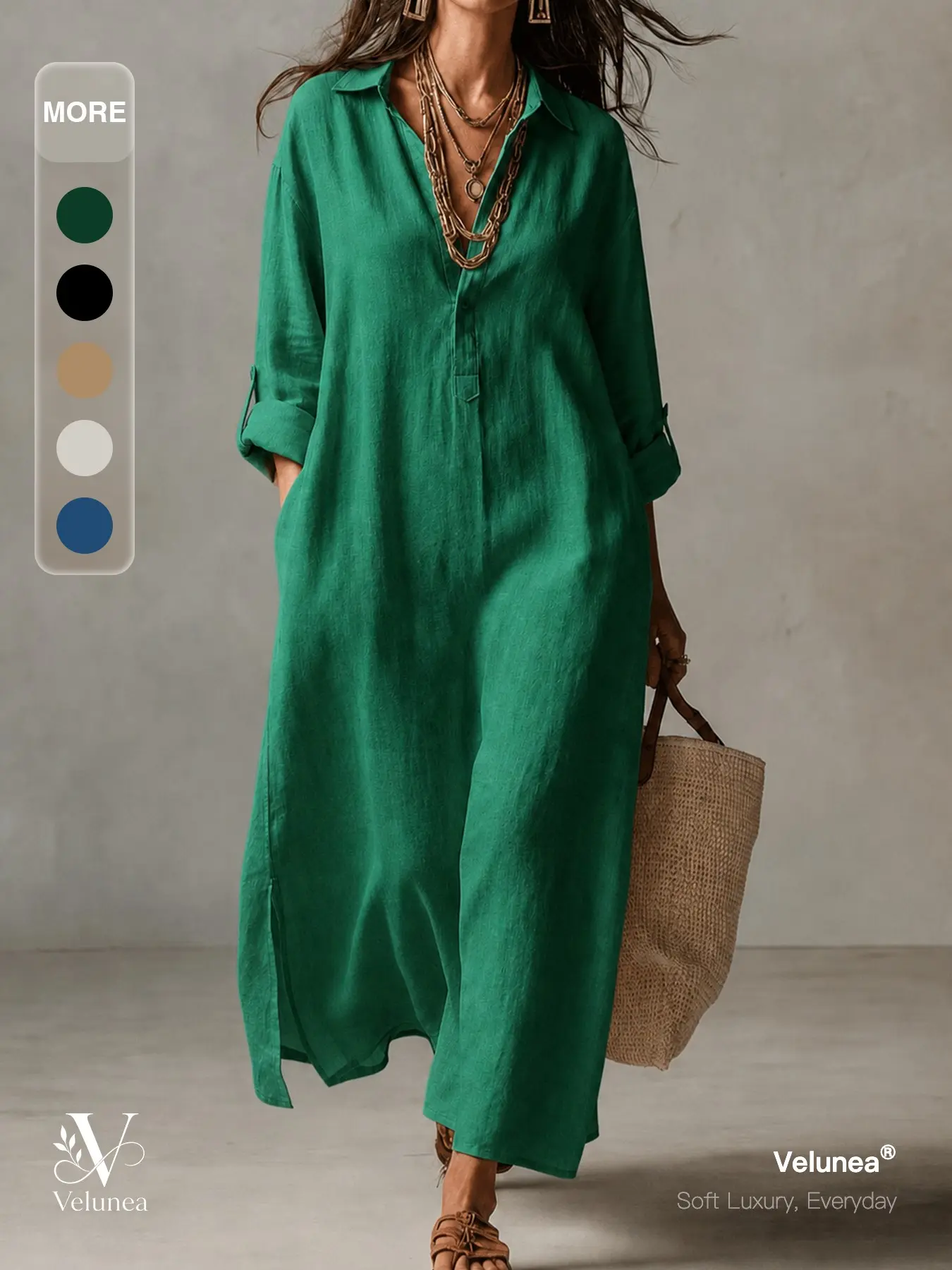 Velunea Women’s Button Front Maxi Shirt Dress, Long Sleeve Oversized Dress with Relaxed Fit and Flowing Silhouette, Elegant Resort Wear for Vacation and Everyday Chic, Casual Summer Dress