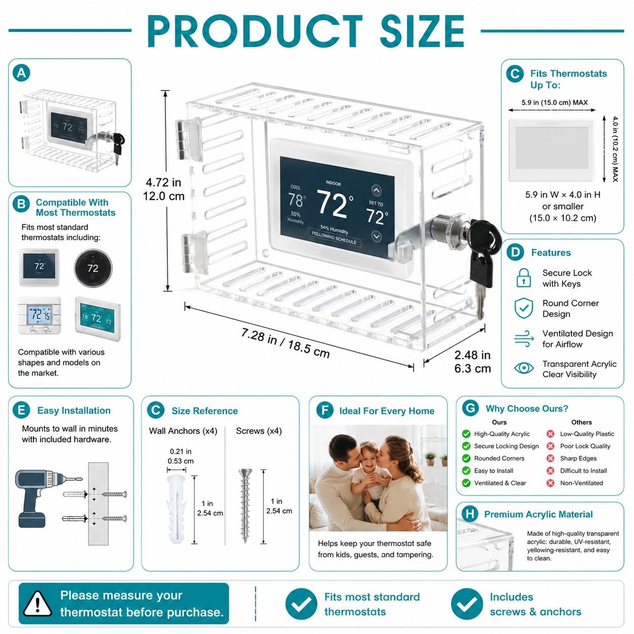 Clear Thermostat Lock Box, Wall Mounted Acrylic Thermostat Cover with Key Lock, Dustproof Vented Anti-Tamper Thermostat Guard, Large Protective Locking Case Fits 4.8"H x 6"W or Smaller for Home Office School Restaurant Hotel Store Install